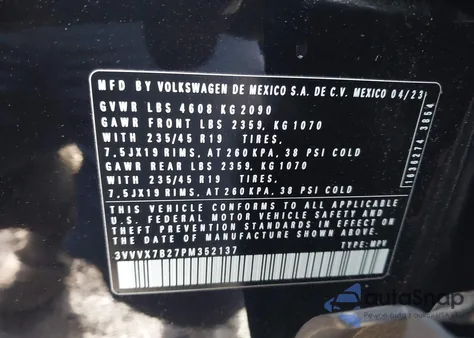 2023 Volkswagen Taos 1.5T Se из США, поврежденный, VIN 3VVVX7B27PM352137